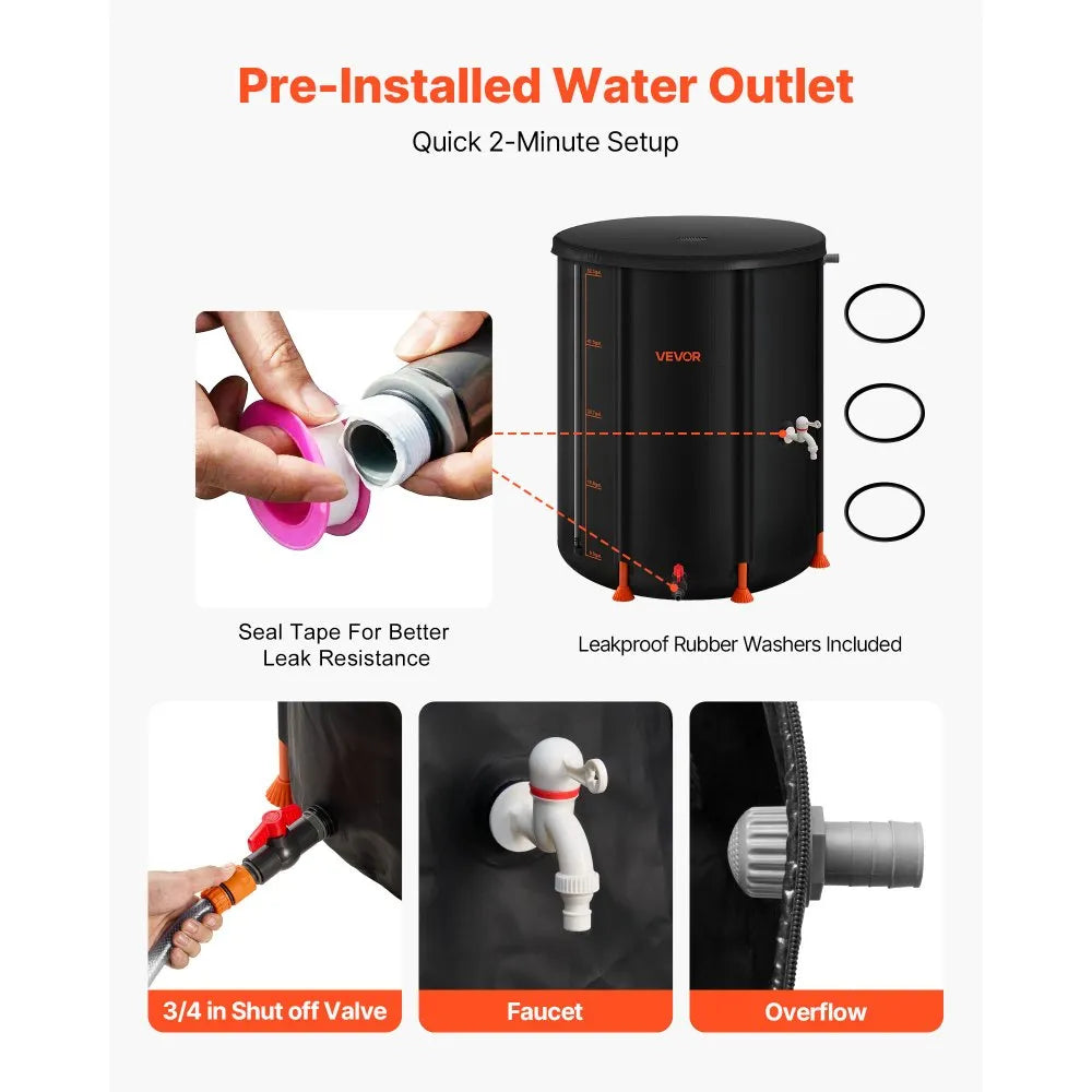 VEVOR Collapsible Rain Barrel, 53 Gallon Portable Rain Water Collection Barrel, 1000D PVC Rainwater Collection System, Garden Water Catcher Tank Storage Container with Spigot & Overflow Kit, Black