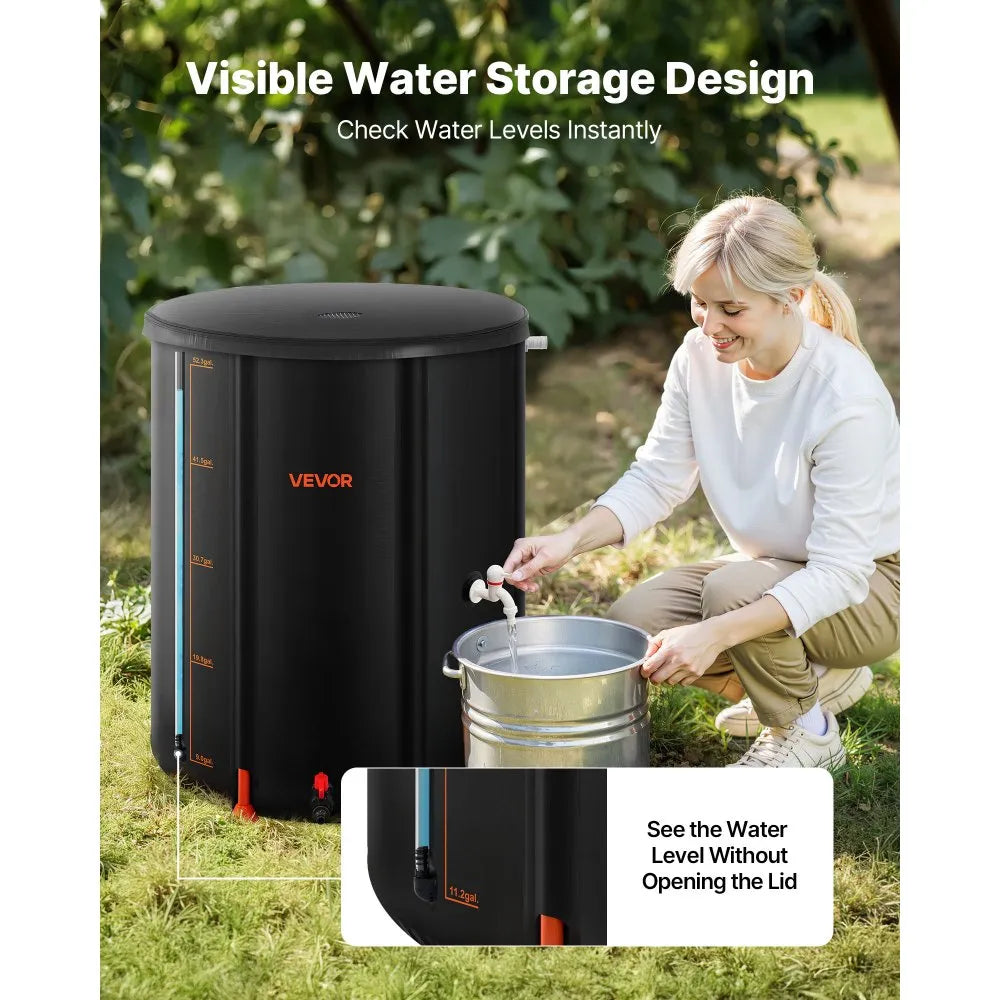 VEVOR Collapsible Rain Barrel, 53 Gallon Portable Rain Water Collection Barrel, 1000D PVC Rainwater Collection System, Garden Water Catcher Tank Storage Container with Spigot & Overflow Kit, Black