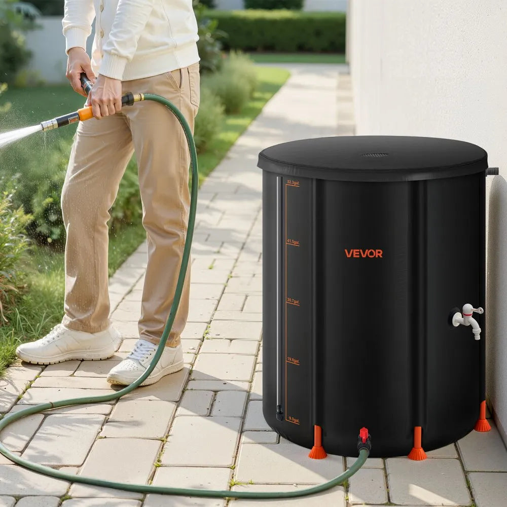 VEVOR Collapsible Rain Barrel, 53 Gallon Portable Rain Water Collection Barrel, 1000D PVC Rainwater Collection System, Garden Water Catcher Tank Storage Container with Spigot & Overflow Kit, Black