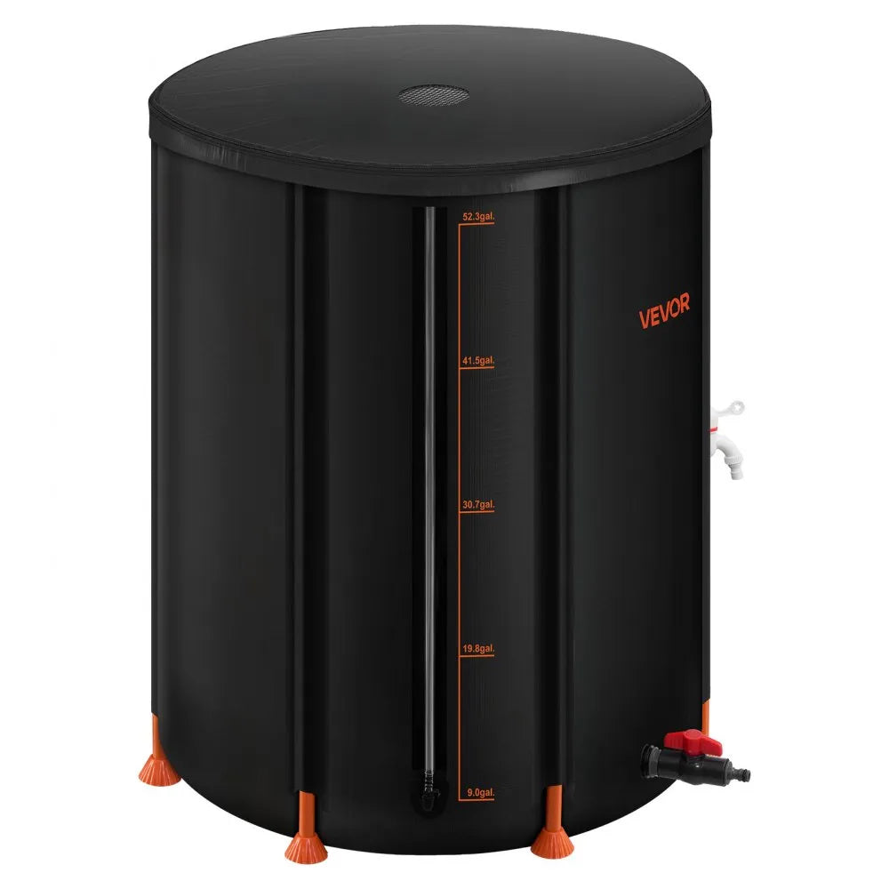VEVOR Collapsible Rain Barrel, 53 Gallon Portable Rain Water Collection Barrel, 1000D PVC Rainwater Collection System, Garden Water Catcher Tank Storage Container with Spigot & Overflow Kit, Black