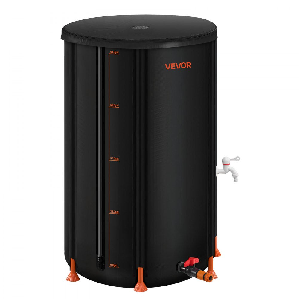 VEVOR Collapsible Rain Barrel, 66 Gallon Portable Rain Water Collection Barrel, 500D PVC Rainwater Collection System, Garden Water Catcher Tank Storage Container with Spigot & Overflow Kit, Black
