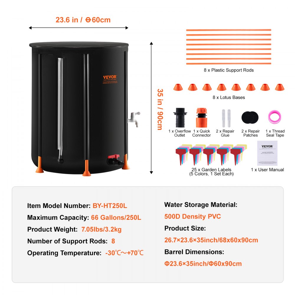 VEVOR Collapsible Rain Barrel, 66 Gallon/250 L Portable Rain Water Collection Barrel, PVC Rainwater Collection System with Spigots and Overflow Kit, Water Barrel for Garden Water Catcher