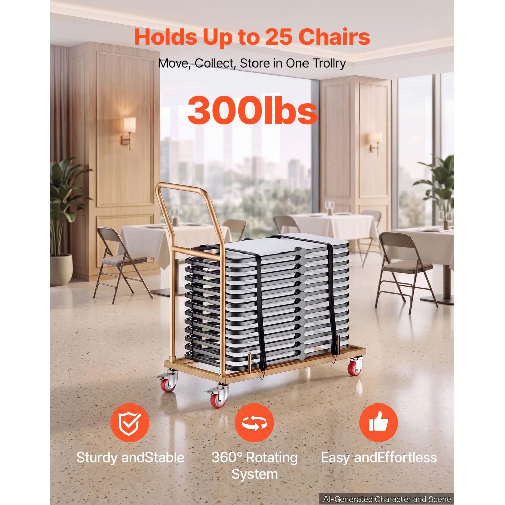 VEVOR Folding Chair Cart 300 lbs for 25 Chairs L-Shape Horizontal Placement, for Commercial & Home Kitchen, Heavy-Duty Carbon Steel, Easy to Move, Storage Dolly, with Locking Swivel Wheels & Handle