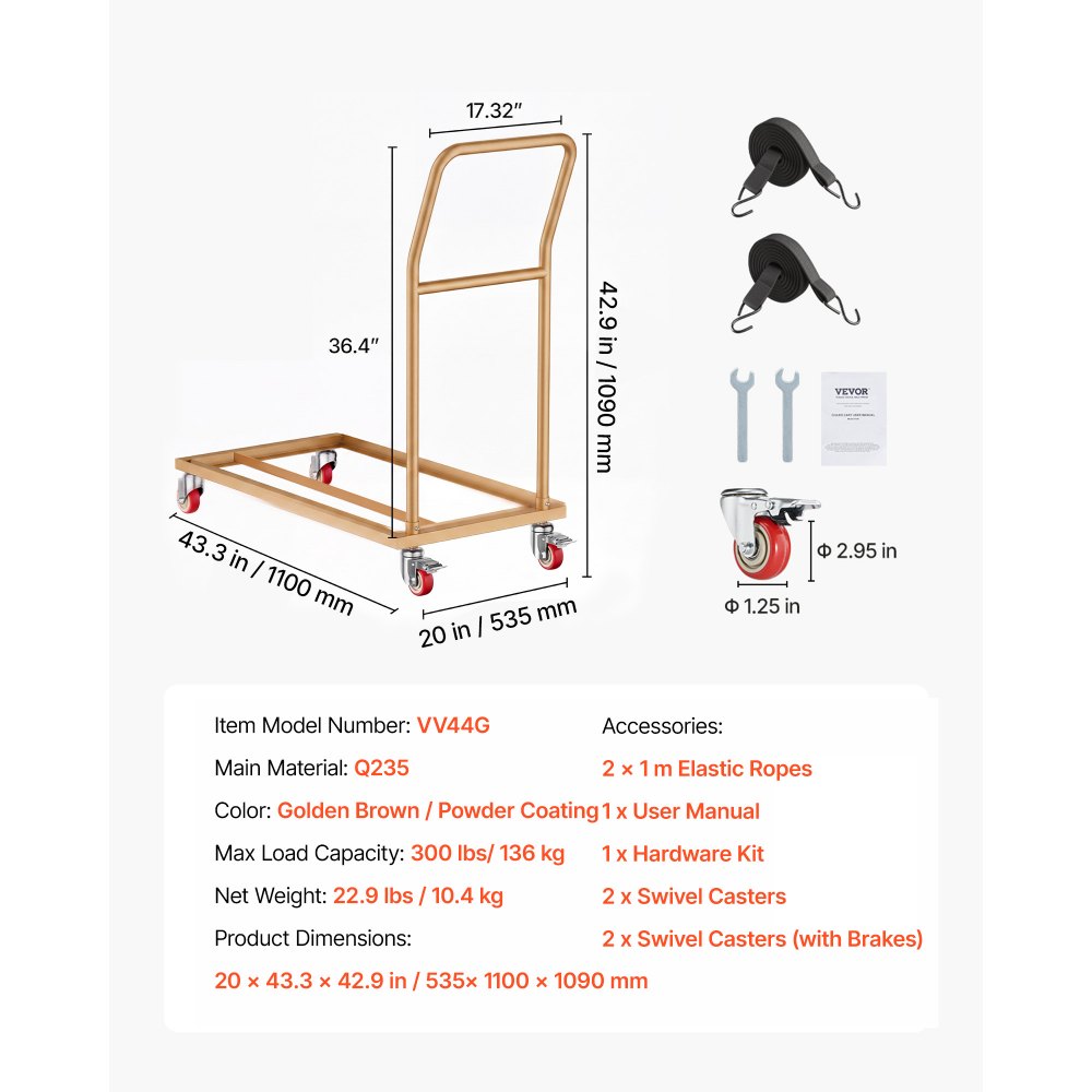 VEVOR Folding Chair Cart 300 lbs for 25 Chairs L-Shape Vertical Placement, for Commercial & Home Kitchen, Heavy-Duty Carbon Steel, Easy to Move, Storage Dolly, with Locking Swivel Wheels & Handle