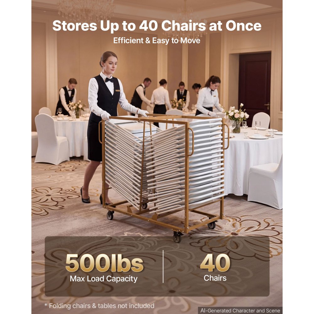 VEVOR Folding Chair Cart 500 lbs Capacity for 40 Chairs Horizontal Stacking, for Large Events Commercial, Heavy-Duty Carbon Steel, Easy to Move, Storage Dolly Holder, with Locking Swivel Wheel, Handle