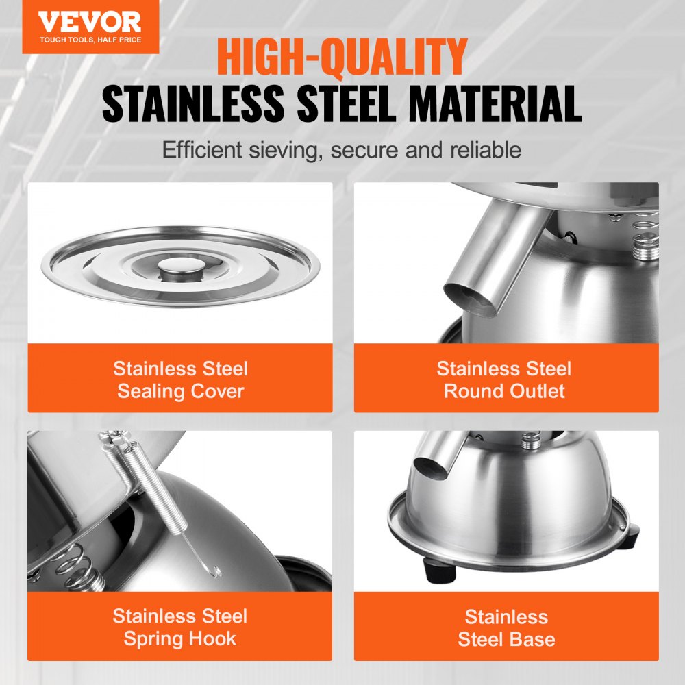 VEVOR Automatic Electric Vibrating Sieve, Stainless Steel Sifter Shaker Machine with 30+50 Mesh, 45W Automatic Powder Sifter Machine Countertop, Electric Sieve Shaker for Flour Powers, Mungbean, Rice