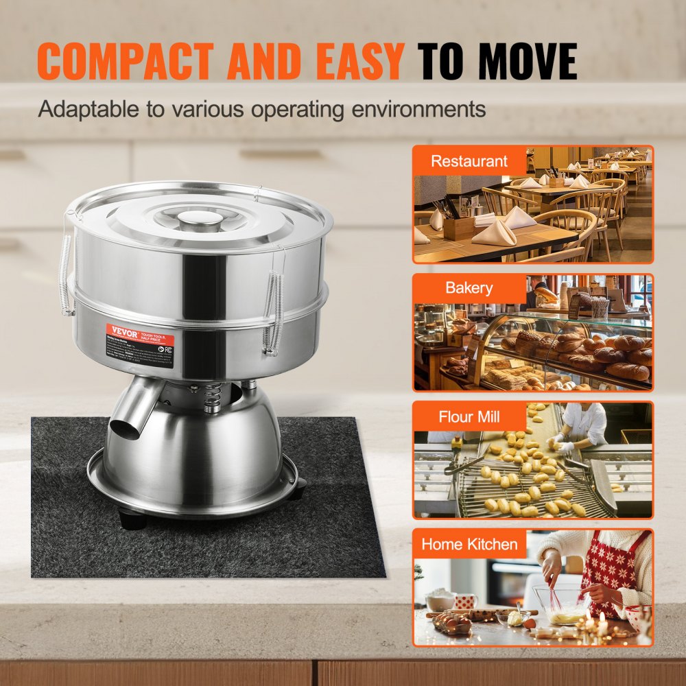 VEVOR Automatic Electric Vibrating Sieve, Stainless Steel Sifter Shaker Machine with 30+50 Mesh, 45W Automatic Powder Sifter Machine Countertop, Electric Sieve Shaker for Flour Powers, Mungbean, Rice