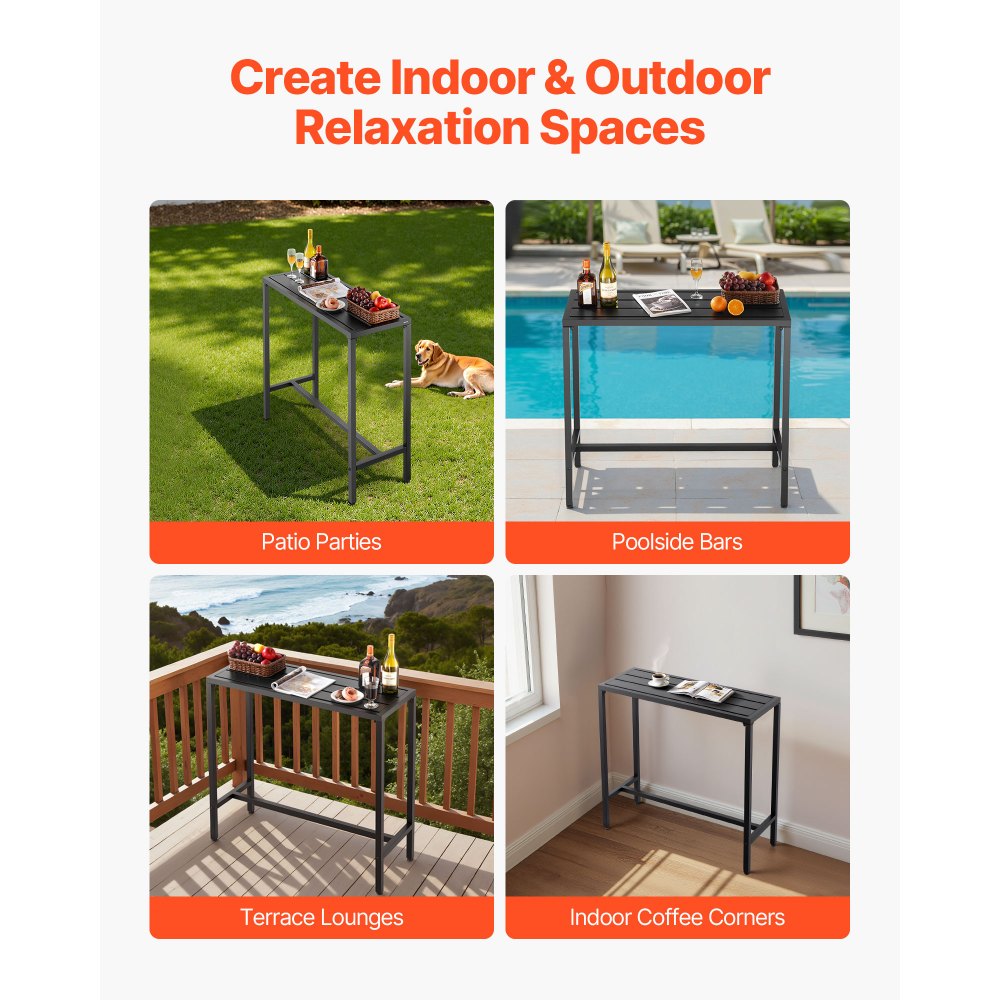 VEVOR Outdoor Bar Table, 39.4 x 15 in Patio Bar Table, Waterproof Top & Sturdy Metal Frame, Rectangle Counter Height Dining Tables, Outdoor Furniture for Balcony, Yard, Hot Tub, Poolside, Indoor