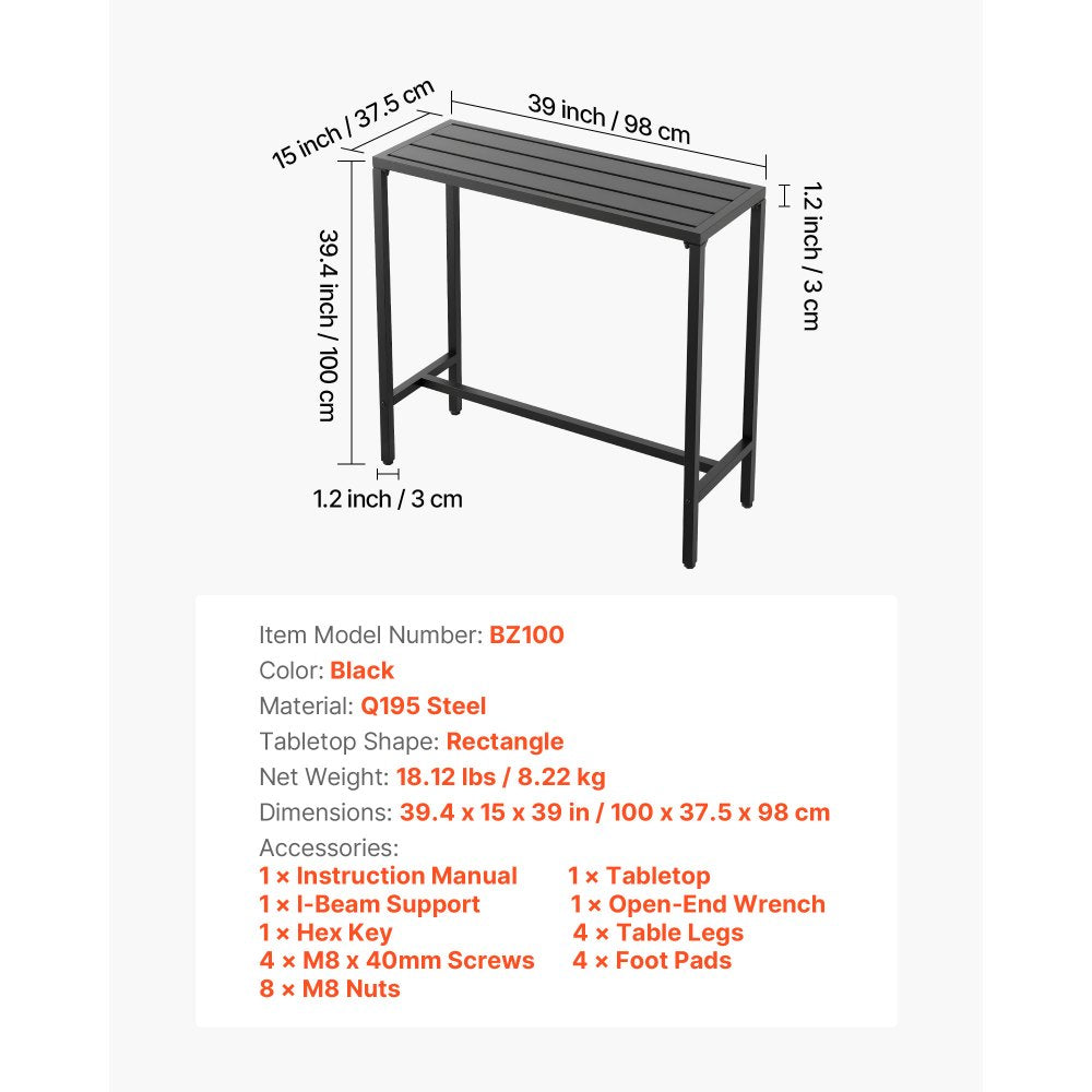 VEVOR Outdoor Bar Table, 39.4 x 15 in Patio Bar Table, Waterproof Top & Sturdy Metal Frame, Rectangle Counter Height Dining Tables, Outdoor Furniture for Balcony, Yard, Hot Tub, Poolside, Indoor