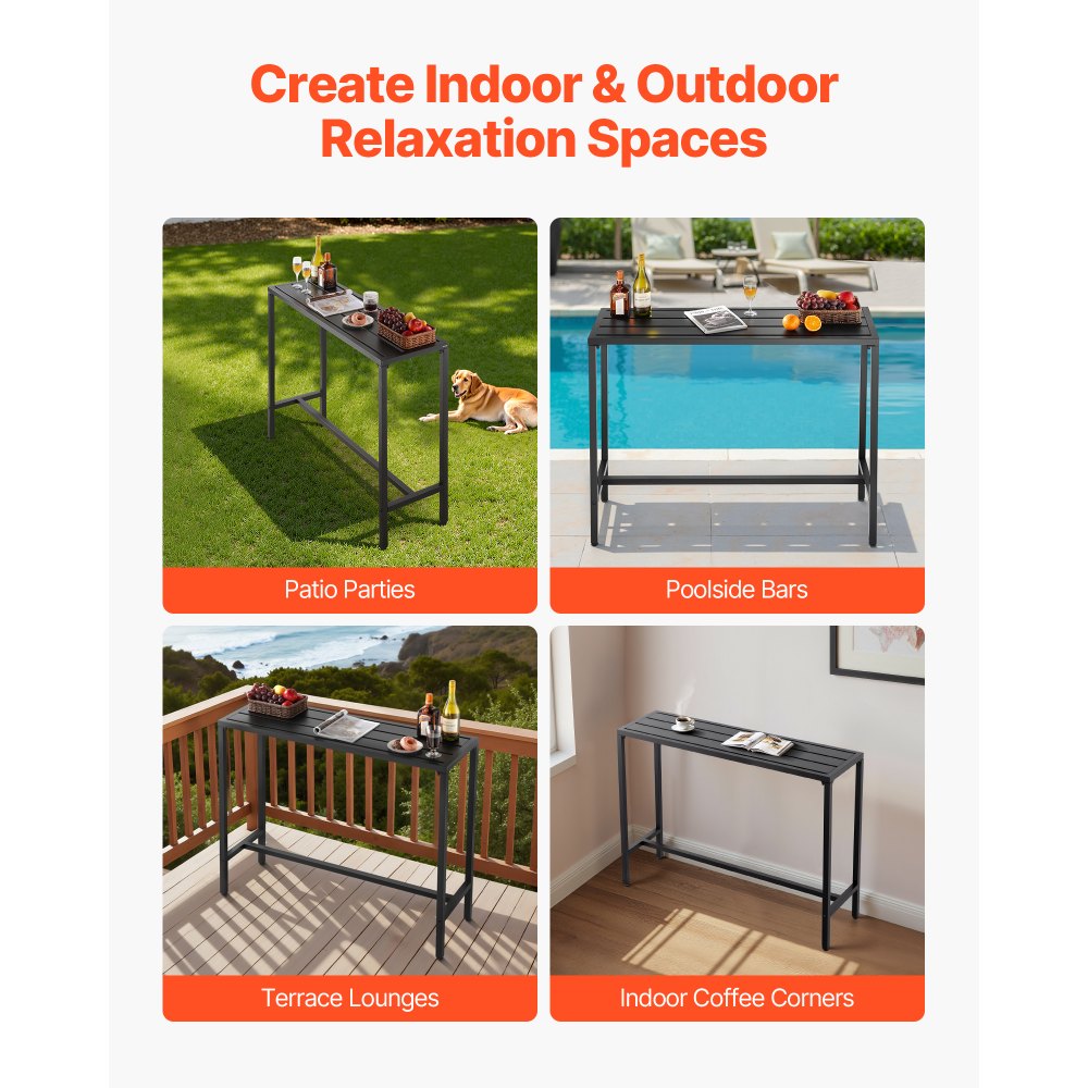 VEVOR Outdoor Bar Table, 47 x 15 in Patio Bar Table, Waterproof Top & Sturdy Metal Frame, Rectangle Counter Height Dining Tables, Outdoor Furniture for Balcony, Yard, Hot Tub, Poolside, Indoor