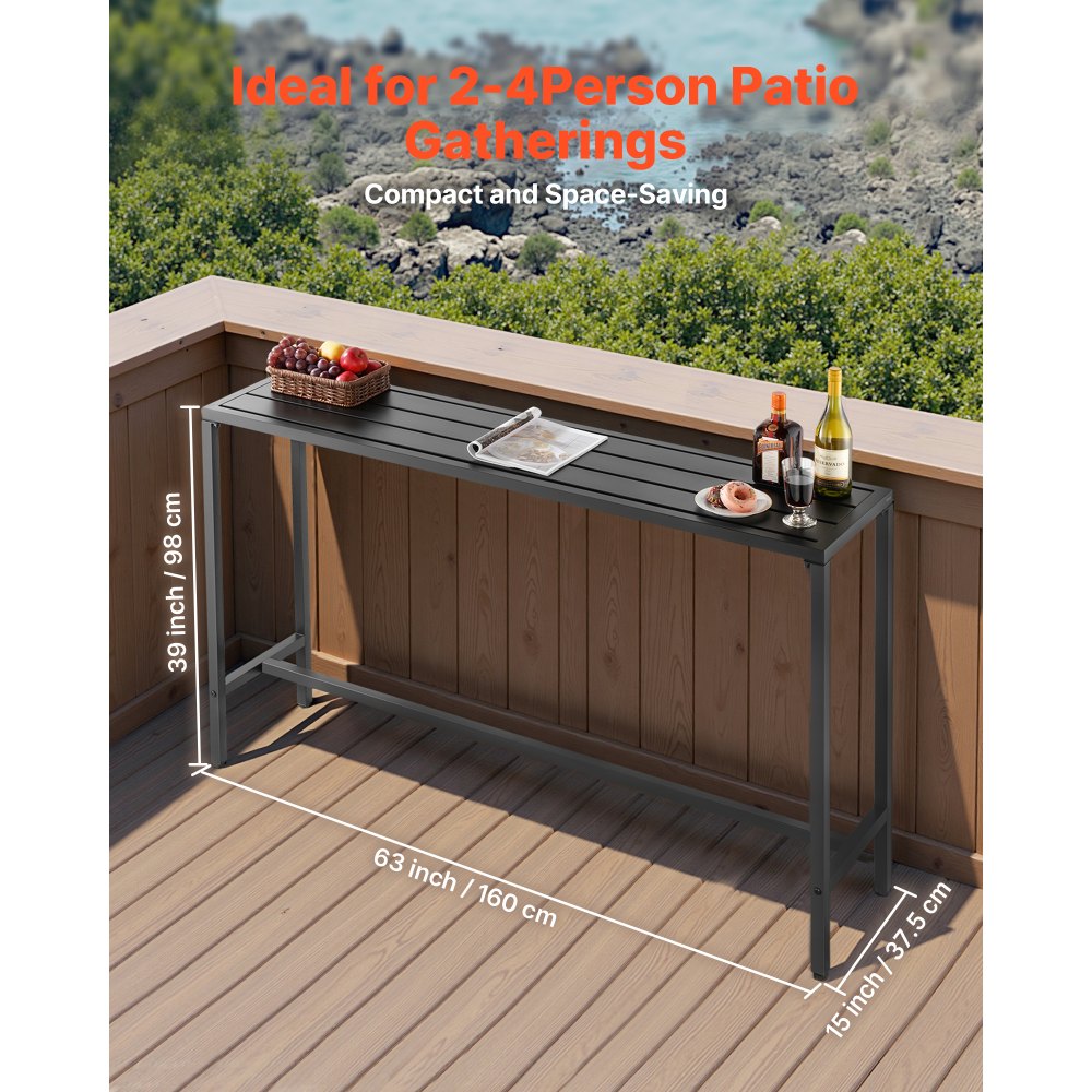 VEVOR Outdoor Bar Table, 63 x 15 in Patio Bar Table, Waterproof Top & Sturdy Metal Frame, Rectangle Counter Height Dining Tables, Outdoor Furniture for Balcony, Yard, Hot Tub, Poolside, Indoor