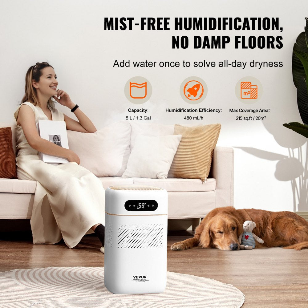 VEVOR Evaporative Humidifier for Whole House up to 215 sqft, 480 ml/h Smart Cool Moisture Humidifier and Air Purifier,3-Speeds & 1-12h Timer,Premium Filter Quiet Sleep Mode for Bedroom,5L(1.32G)