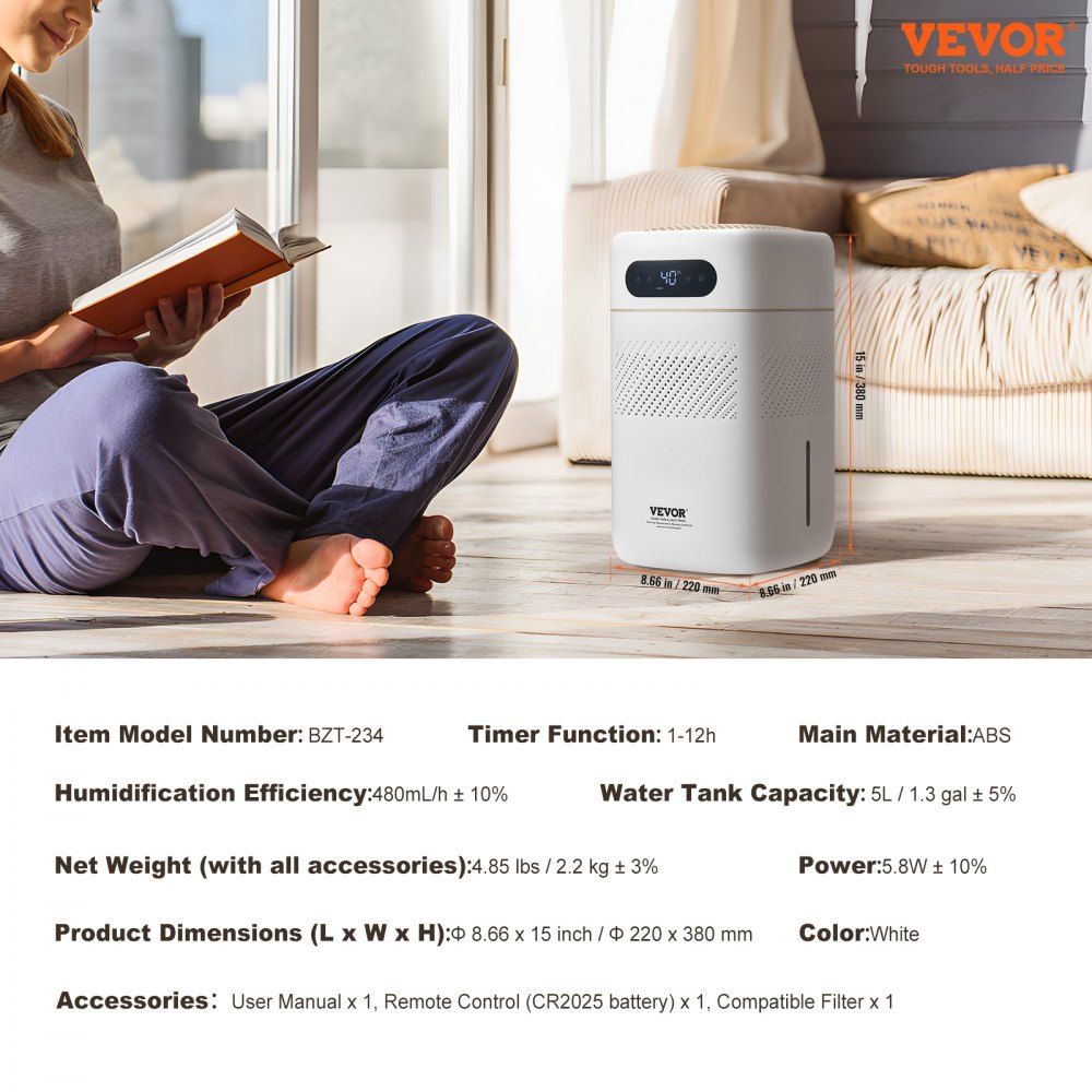 VEVOR Evaporative Humidifier for Whole House up to 215 sqft, 480 ml/h Smart Cool Moisture Humidifier and Air Purifier,3-Speeds & 1-12h Timer,Premium Filter Quiet Sleep Mode for Bedroom,5L(1.32G)