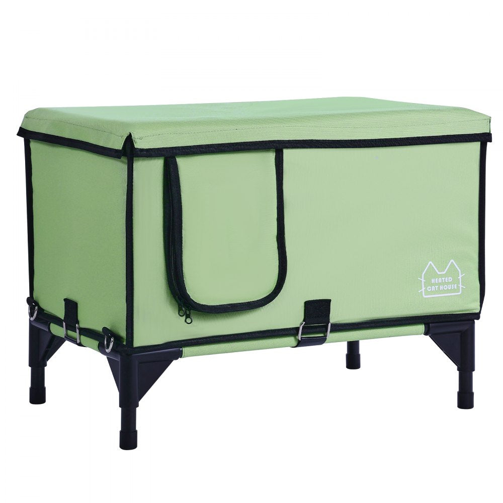 VEVOR Elevated Heated Cat House, Cuboid Kitty Shelter with Adjustable Temperature and Timer, 900D Oxford Cloth Foldable Cat Shelter with Heated Pad  for Winter to Stay Warm and Cozy, Green (Large)