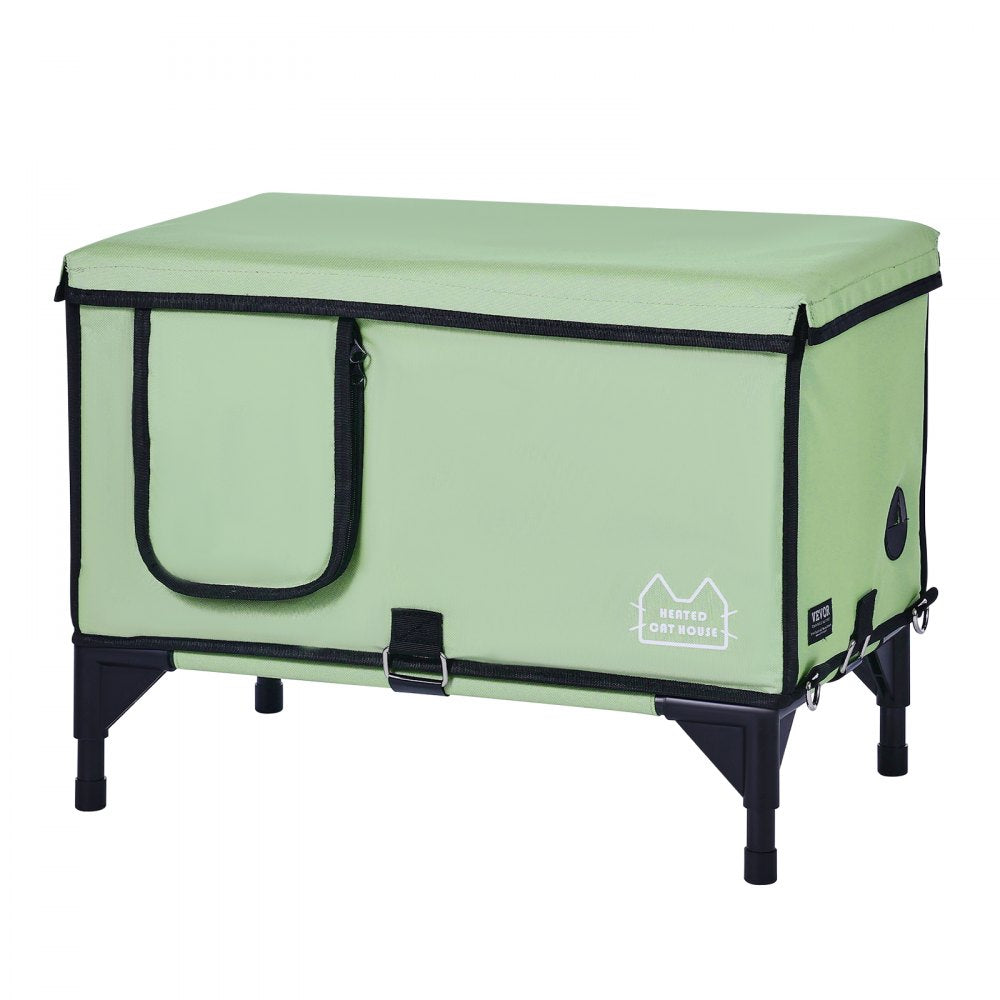 VEVOR Elevated Heated Cat House, Cuboid Kitty Shelter with Adjustable Temperature and Timer, 900D Oxford Cloth Foldable Cat Shelter with Heated Pad  for Winter to Stay Warm and Cozy, Green (Large)