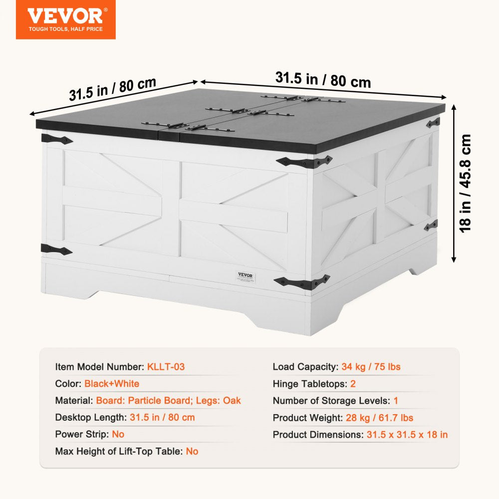VEVOR 31.5" Farmhouse Coffee Table, Hinged Square Coffee Table with Large Storage Compartment, Wooden Rustic Cocktail Table for Living Room, Bedroom, Apartment, Studio, Gray & White