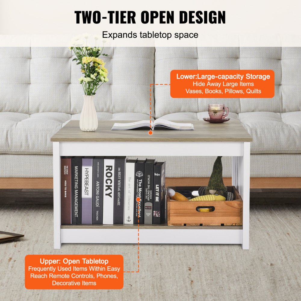 VEVOR 31.5" Farmhouse Coffee Table, Square Coffee Table with Open Storage Compartment, Wooden Rustic Cocktail Table for Living Room, Bedroom, Apartment, Studio, Gray & White