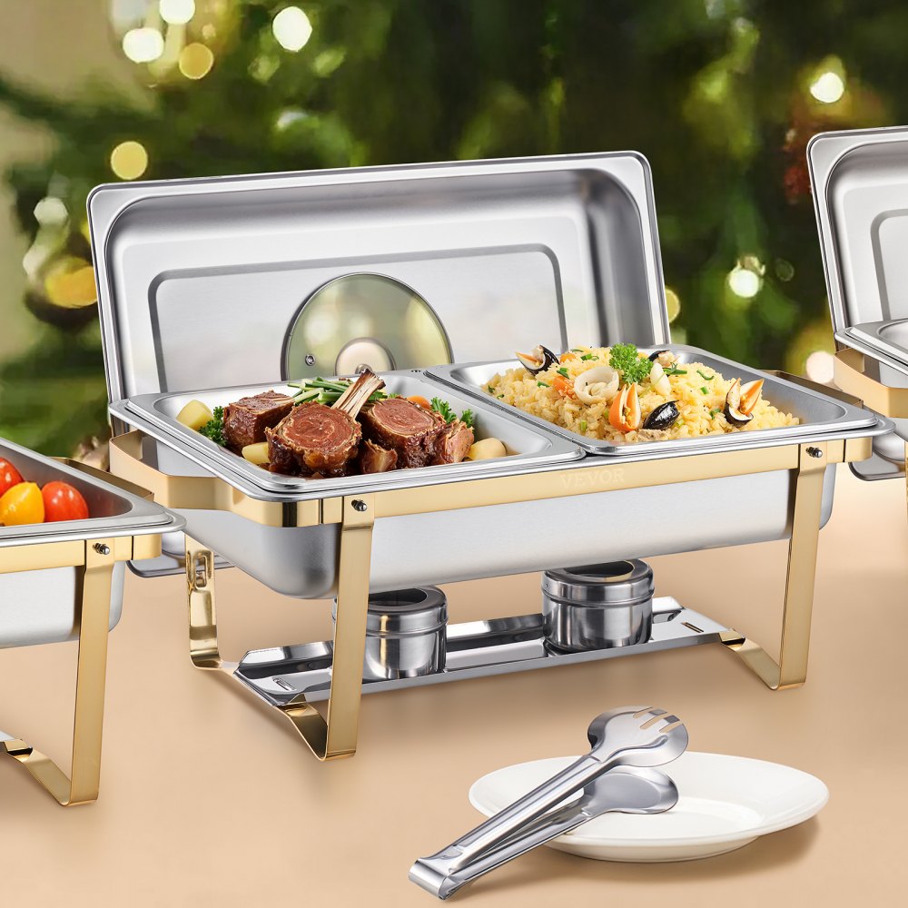 VEVOR Chafing Dish Buffet Set, 4 Qt 2 Pack, Stainless Steel Chafer with 4 Half Size Pans, Rectangle Catering Warmer Server with Glass Lid Water Pan Folding Stand Fuel Holder, for Wedding Party Banquet