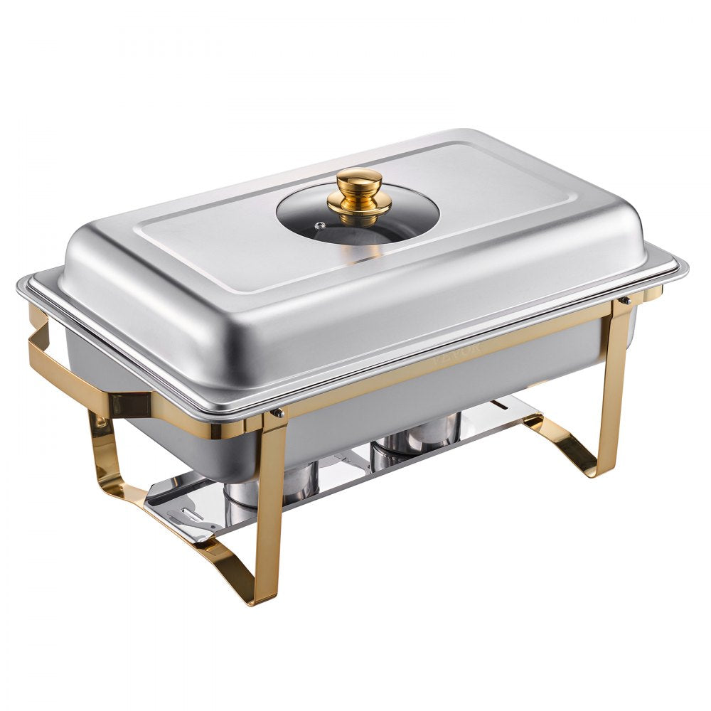VEVOR Chafing Dish Buffet Set, 8 Qt 4 Pack, Stainless Steel Chafer with 4 Full Size Pans, Rectangle Catering Warmer Server with Glass Lid Water Pan Folding Stand Fuel Holder, for Wedding Party Banquet