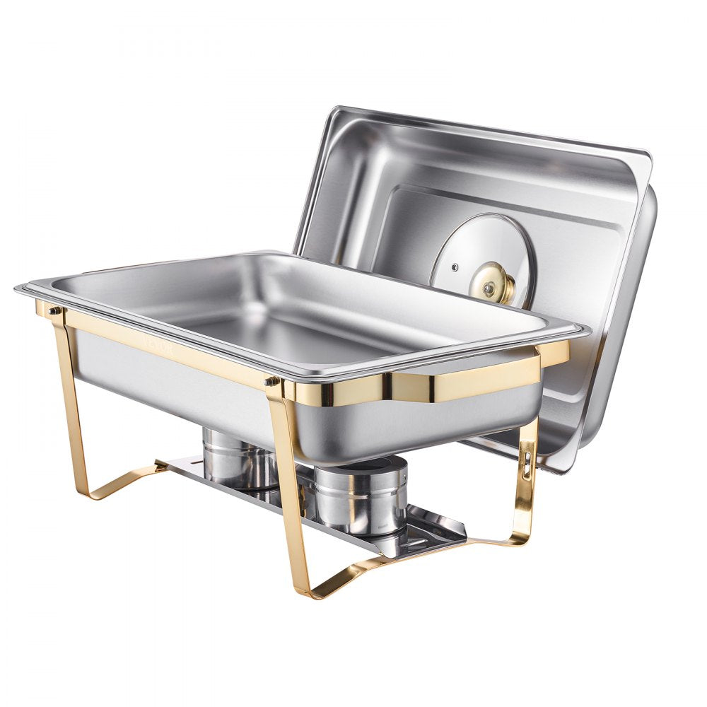 VEVOR Chafing Dish Buffet Set, 8 Qt 4 Pack, Stainless Steel Chafer with 4 Full Size Pans, Rectangle Catering Warmer Server with Glass Lid Water Pan Folding Stand Fuel Holder, for Wedding Party Banquet