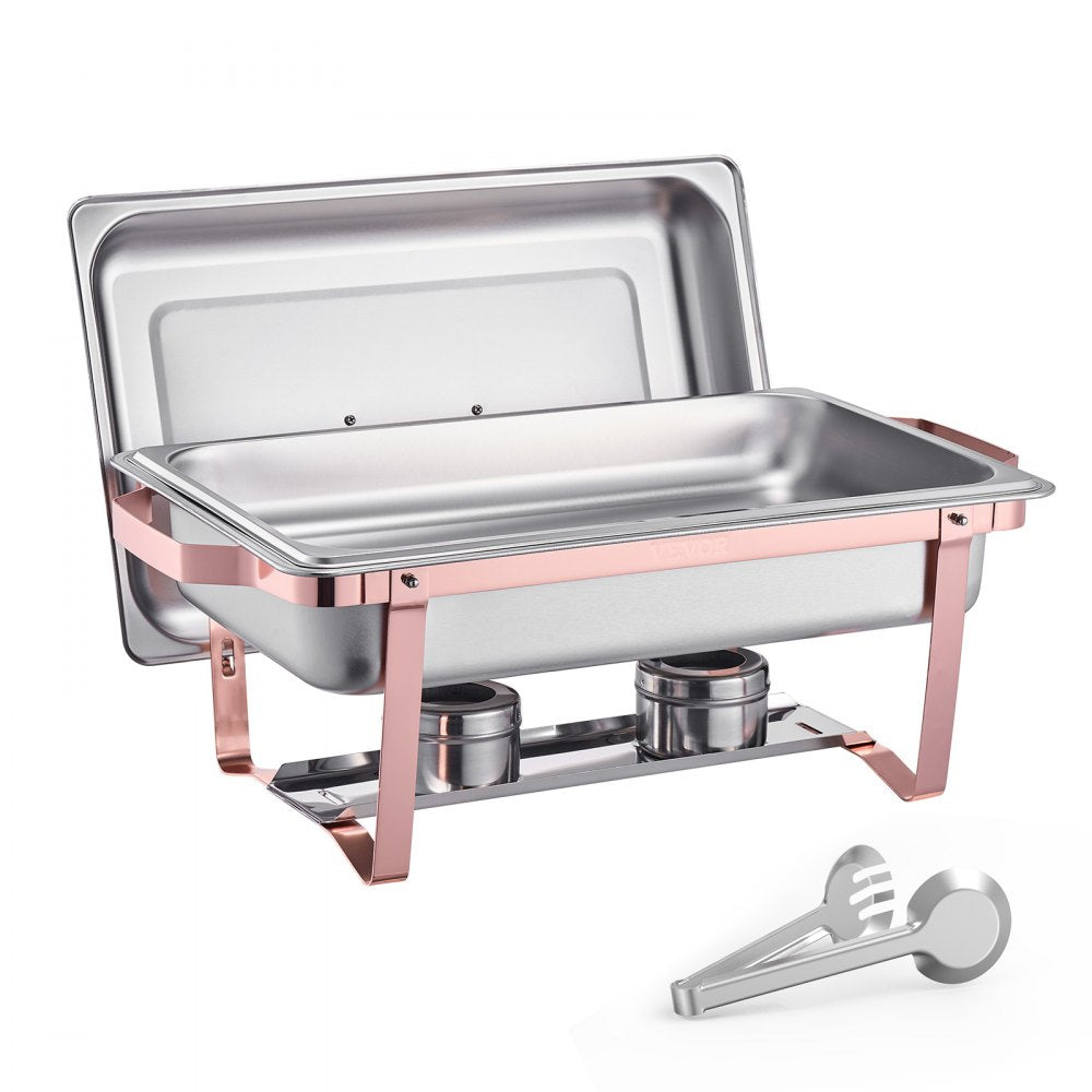 VEVOR Chafing Dish Buffet Set, 8 Qt 2 Pack, Stainless Steel Chafer with 2 Full Size Pans, Rectangle Catering Warmer Server with Lid Water Pan Stand Fuel Holder, for Wedding Party Banquet, Rose Gold