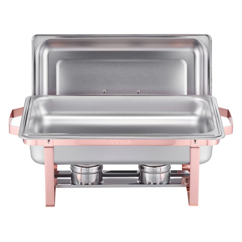 VEVOR Chafing Dish Buffet Set, 8 Qt 2 Pack, Stainless Steel Chafer with 2 Full Size Pans, Rectangle Catering Warmer Server with Lid Water Pan Stand Fuel Holder, for Wedding Party Banquet, Rose Gold