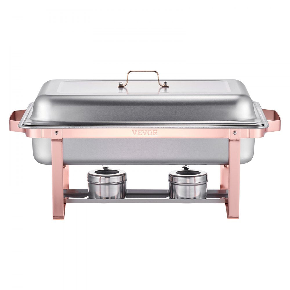 VEVOR Chafing Dish Buffet Set, 8 Qt 2 Pack, Stainless Steel Chafer with 2 Full Size Pans, Rectangle Catering Warmer Server with Lid Water Pan Stand Fuel Holder, for Wedding Party Banquet, Rose Gold