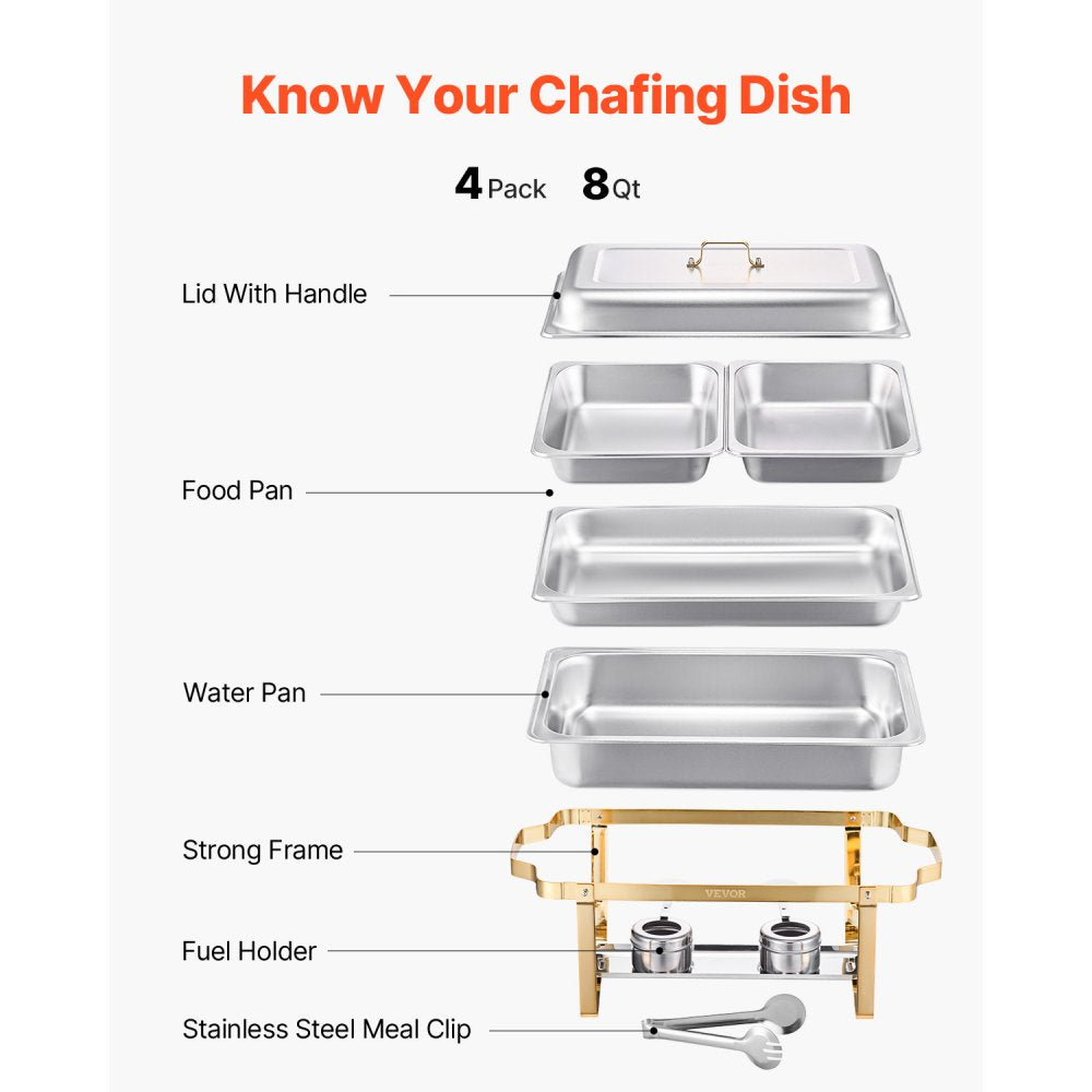 VEVOR Chafing Dish Buffet Set, 8 Qt 4 Pack, Stainless Steel Chafer with 2 Full Size and 4 Half Size Pans, Rectangle Catering Warmer Server with Lid Water Pan Stand, for Weddings Parties Banquets, Gold