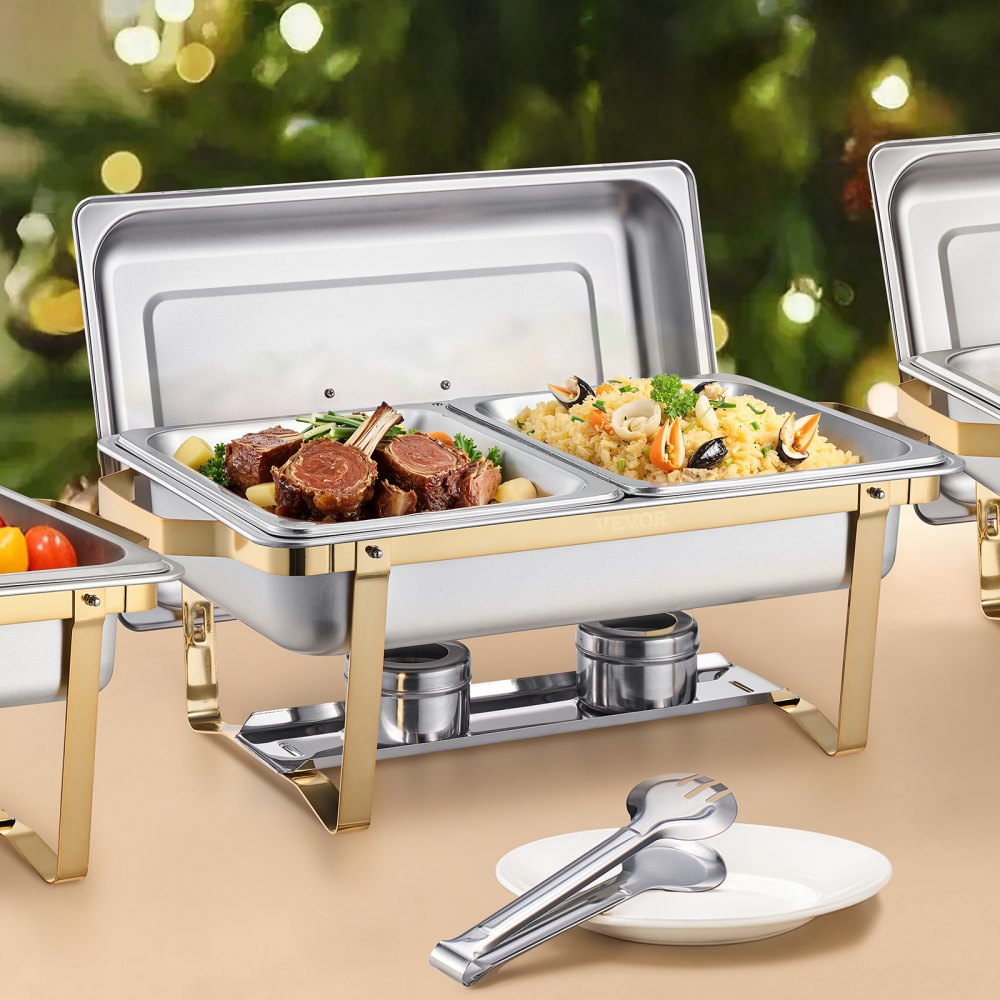 VEVOR Chafing Dish Buffet Set, 8 Qt 4 Pack, Stainless Steel Chafer with 2 Full Size and 4 Half Size Pans, Rectangle Catering Warmer Server with Lid Water Pan Stand, for Weddings Parties Banquets, Gold