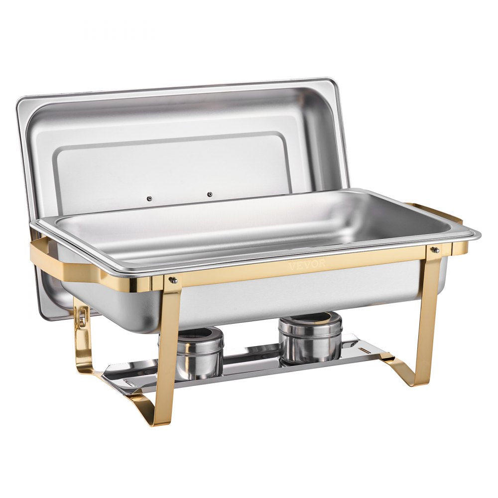 VEVOR Chafing Dish Buffet Set, 8 Qt 4 Pack, Stainless Steel Chafer with 2 Full Size and 4 Half Size Pans, Rectangle Catering Warmer Server with Lid Water Pan Stand, for Weddings Parties Banquets, Gold