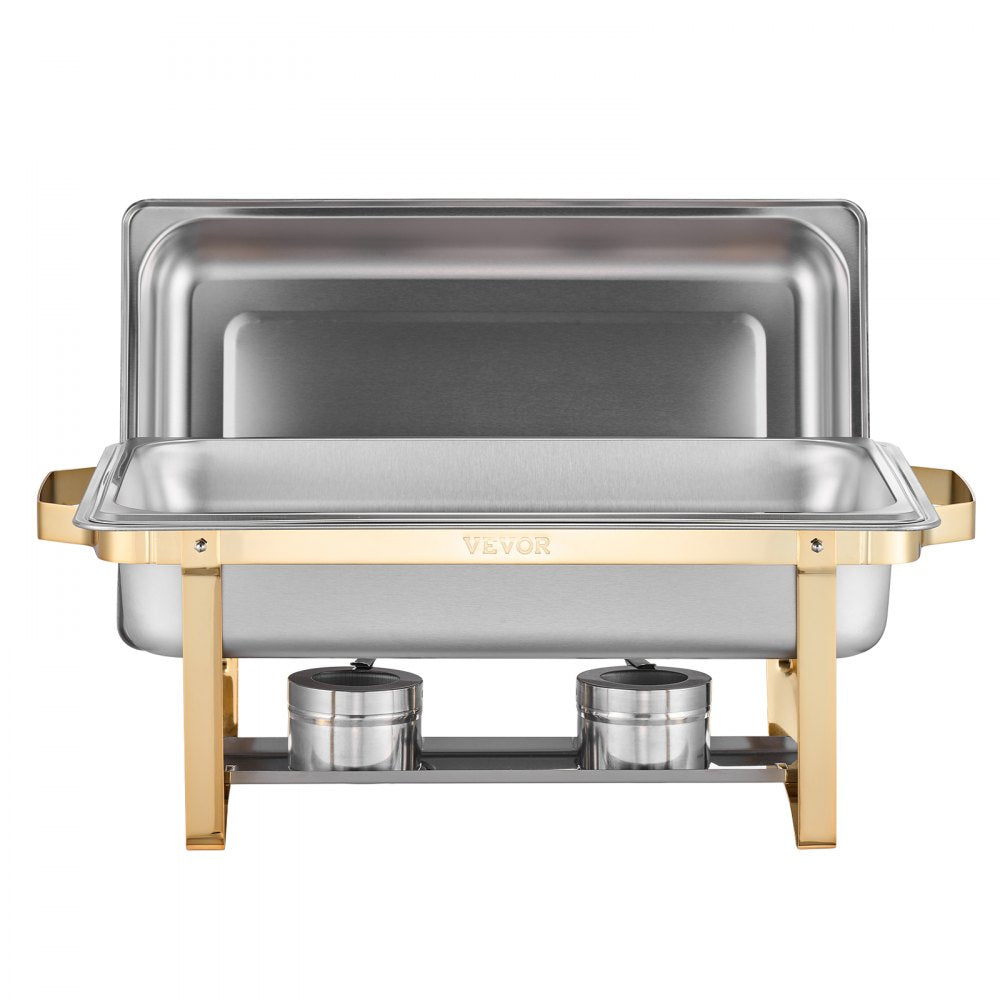 VEVOR Chafing Dish Buffet Set, 8 Qt 4 Pack, Stainless Steel Chafer with 2 Full Size and 4 Half Size Pans, Rectangle Catering Warmer Server with Lid Water Pan Stand, for Weddings Parties Banquets, Gold