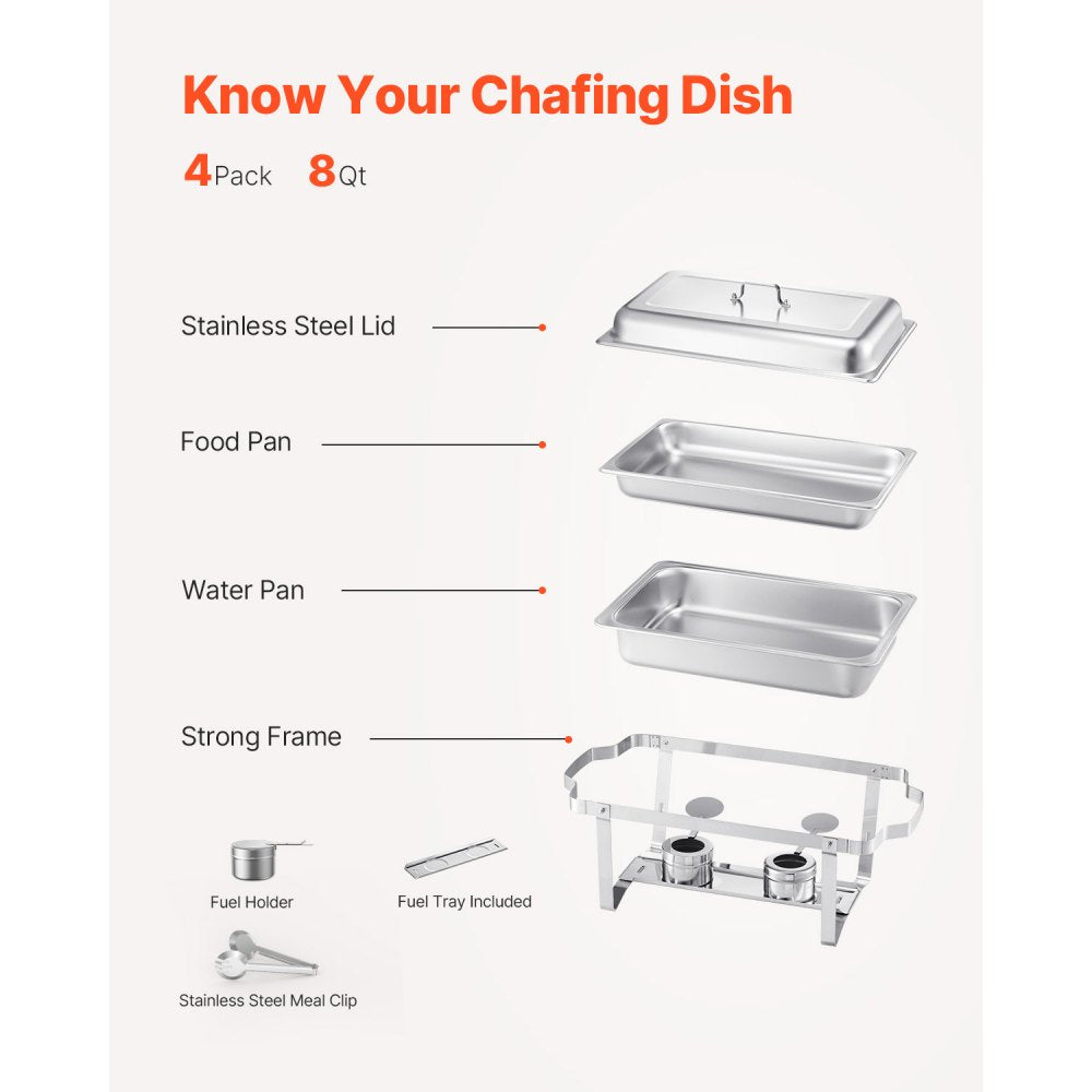 VEVOR Chafing Dish Buffet Set, 8 Qt 4 Pack, Stainless Steel Chafer with 4 Full Size Pans, Rectangle Catering Warmer Server with Lid Water Pan Stand Fuel Holder, for Weddings Parties Banquets, Silver
