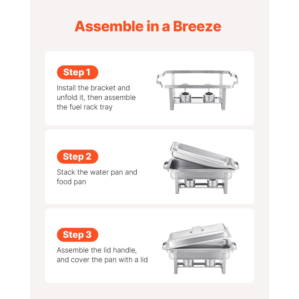 VEVOR Chafing Dish Buffet Set, 8 Qt 4 Pack, Stainless Steel Chafer with 4 Full Size Pans, Rectangle Catering Warmer Server with Lid Water Pan Stand Fuel Holder, for Weddings Parties Banquets, Silver