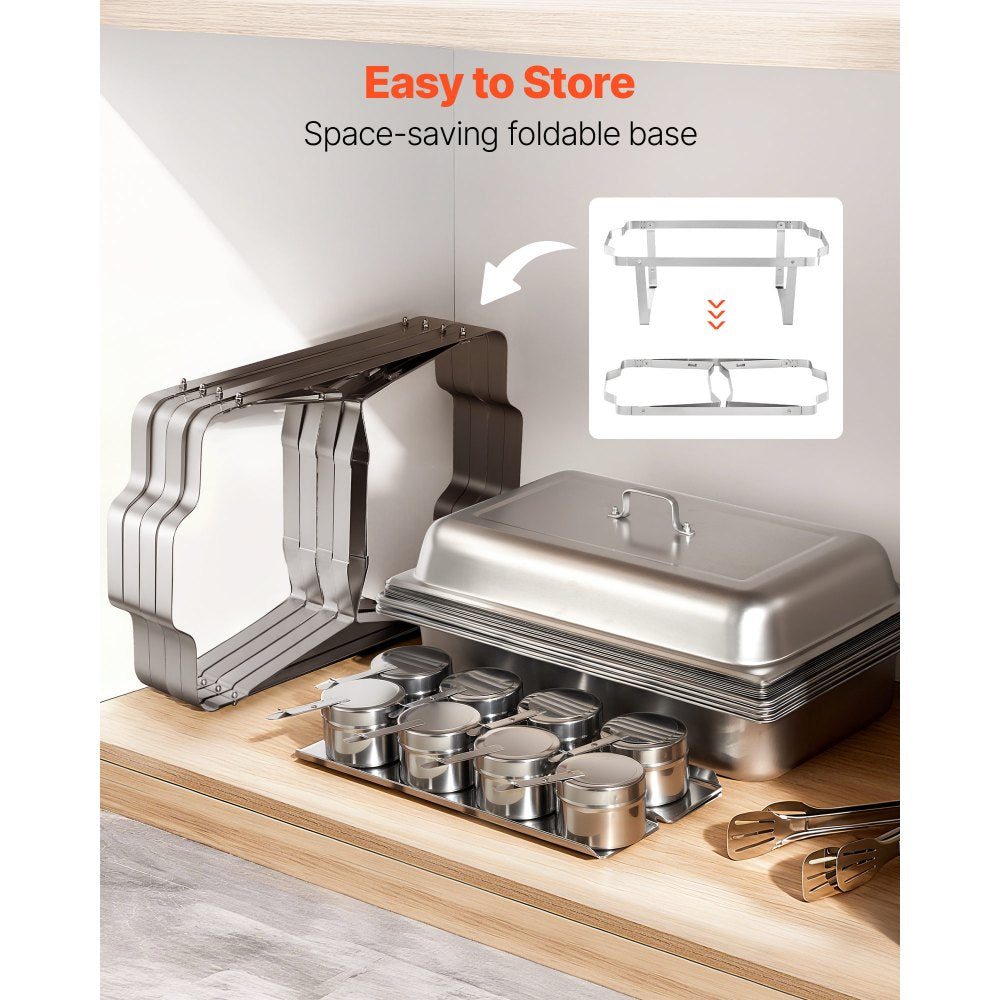 VEVOR Rectangle Chafing Dish, 9 Qt 4 Pack Stainless Steel Chafing Dish, Food Warmer Chafer Complete Set with Hollow Handle, 2 Food Tongs, Lid, Fuel Holder, Chafer Dishes for Banquet Party Wedding