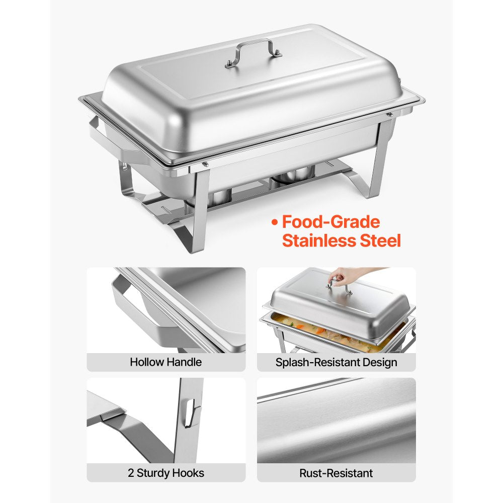 VEVOR Rectangle Chafing Dish, 9 Qt 6 Pack Stainless Steel Chafing Dish, Food Warmer Chafer Complete Set with Hollow Handle, 3 Food Tongs, Lid, Fuel Holder, Chafer Dishes for Banquet Party Wedding