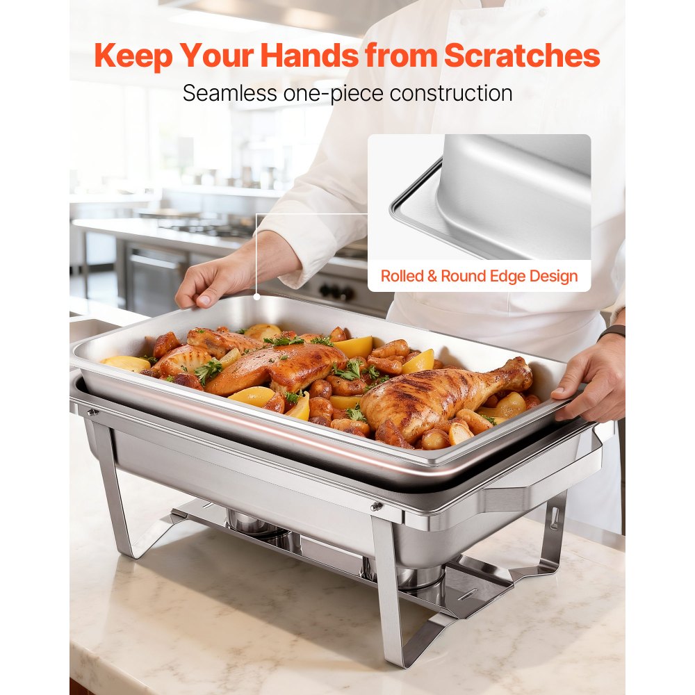 VEVOR Rectangle Chafing Dish, 9 Qt 6 Pack Stainless Steel Chafing Dish, Food Warmer Chafer Complete Set with Hollow Handle, 3 Food Tongs, Lid, Fuel Holder, Chafer Dishes for Banquet Party Wedding