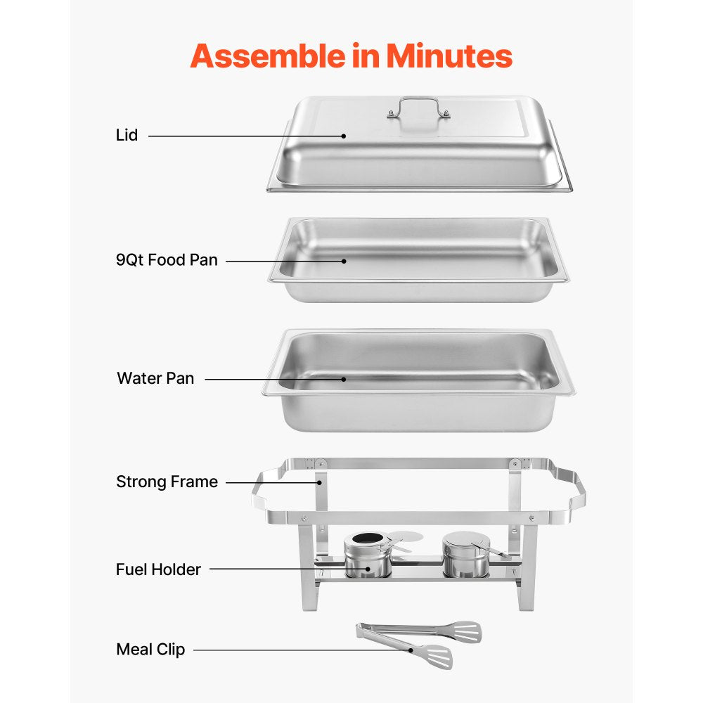 VEVOR Rectangle Chafing Dish, 9 Qt 6 Pack Stainless Steel Chafing Dish, Food Warmer Chafer Complete Set with Hollow Handle, 3 Food Tongs, Lid, Fuel Holder, Chafer Dishes for Banquet Party Wedding