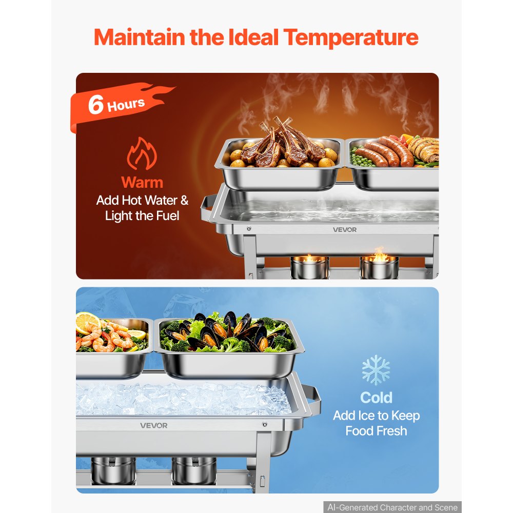 VEVOR 4 Packs Chafing Dishes for Buffet Set, 9QT Stainless Steel Chafer, for Banquet Party Wedding, Rectangle Buffet Server Warmer, 2 Full & 2 Half & 3 Third-Size Pans, Fuel Holder, Tong, Glass Pad
