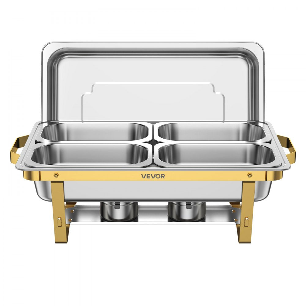 VEVOR 4 Packs Chafing Dishes for Buffet Set, 9QT Stainless Steel Chafer, for Banquet Party Wedding, Rectangle Buffet Server Warmer, 2 Full & 2 Half & 4 Fourth-Size Pans, Fuel Holder, Tong, Glass Pad