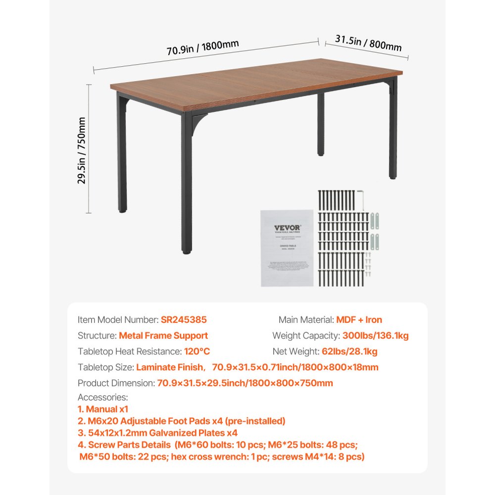 VEVOR Rectangle Dining Table, 71 inch Length Large Wood Tables for 6-8 Person, Farmhouse Dinner Furniture, Rustic Conference Desk with Iron Legs, for Home Kitchen Living Room, Brown(Only Table)