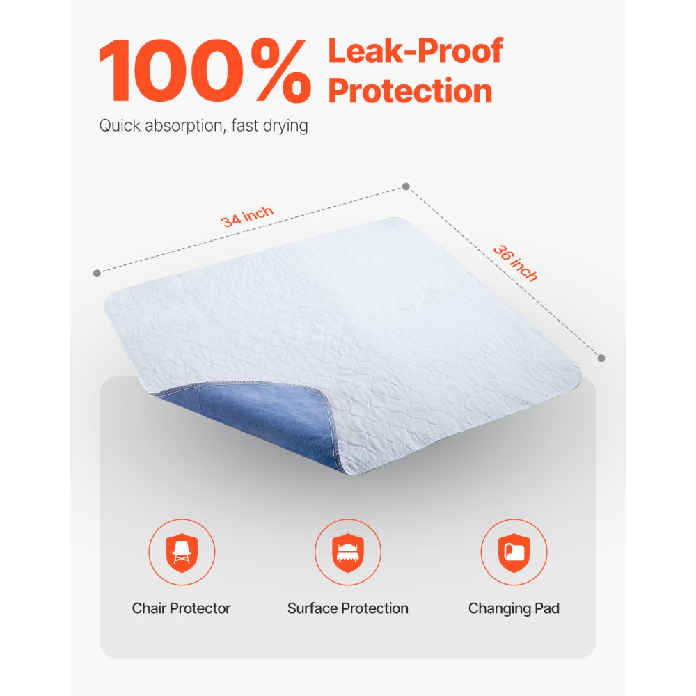 VEVOR Washable Underpads, 34 x 36-inch Reusable Bed Pads, Super Absorbent & Fast Drying Incontinence Bedwetting Pad for Bed Sofa and Mattress, Protective Pee Pads for Pet Adult Kid Elderly (10-Pack)