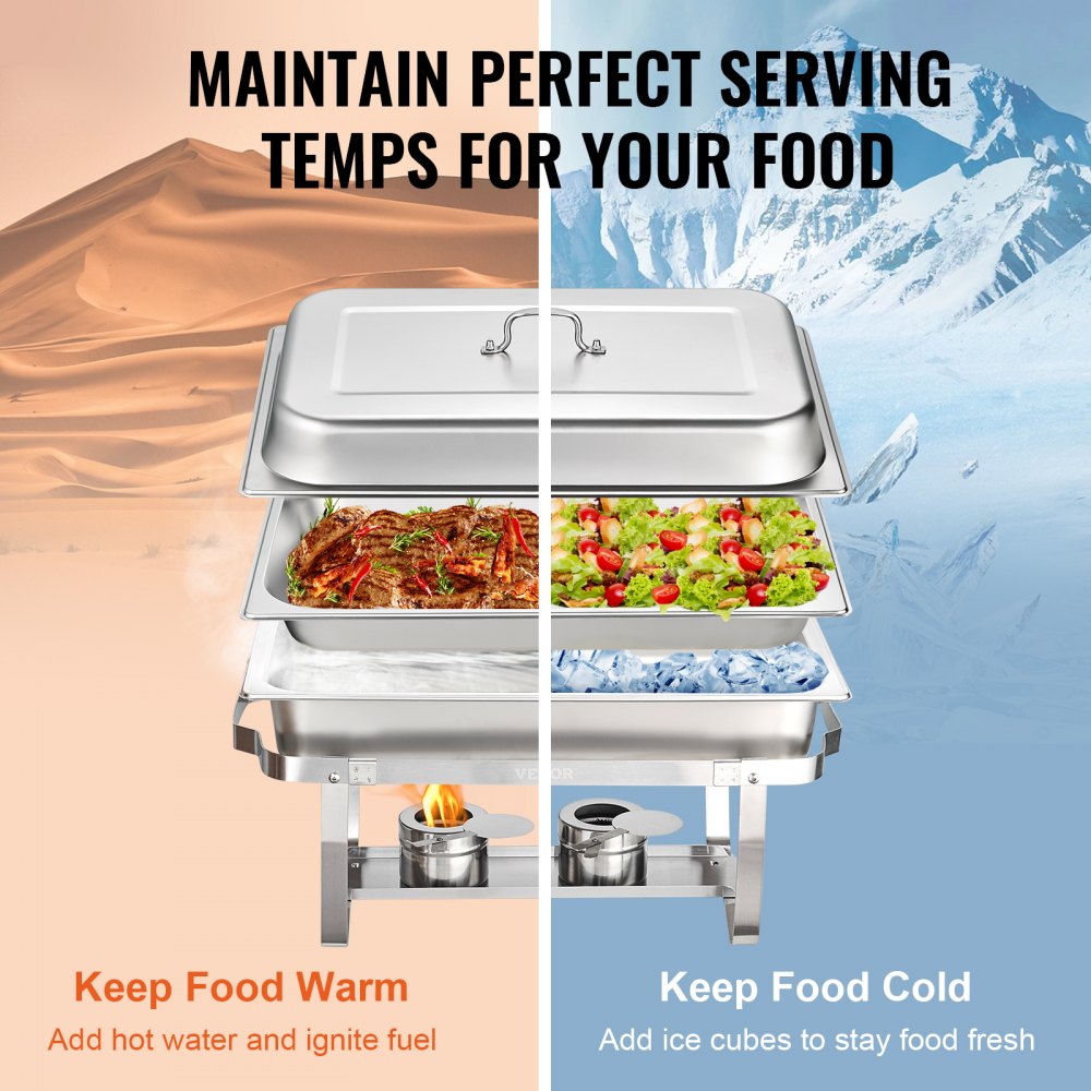 VEVOR Chafing Dish Buffet Set, 8 Qt 2 Pack, Stainless Chafer with 2 Full & 4 Half Size Pans, Rectangle Catering Warmer Server with Lid Water Pan Folding Stand Fuel Tray Holder Clip, at Least 8 People