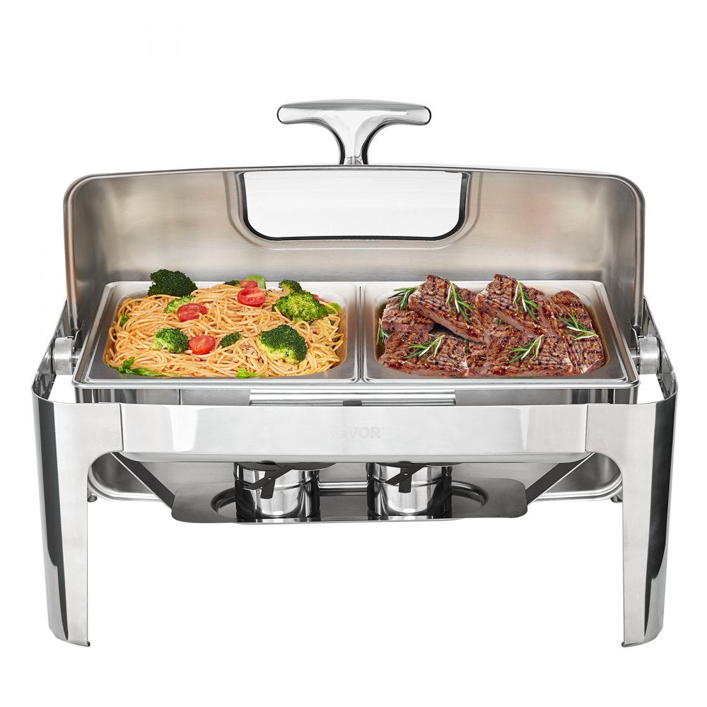 VEVOR Roll Top Chafing Dish Buffet Set, 9 Qt, Stainless Steel Chafer with 2 Half Size Pans, Rectangle Catering Warmer Server with Visible Lid Water Pan Stand Fuel Holder Clip, for at Least 9 People