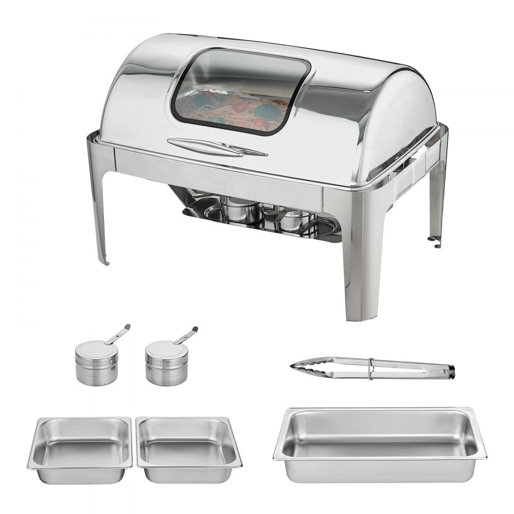 VEVOR Roll Top Chafing Dish Buffet Set, 9 Qt, Stainless Steel Chafer with 2 Half Size Pans, Rectangle Catering Warmer Server with Visible Lid Water Pan Stand Fuel Holder Clip, for at Least 9 People