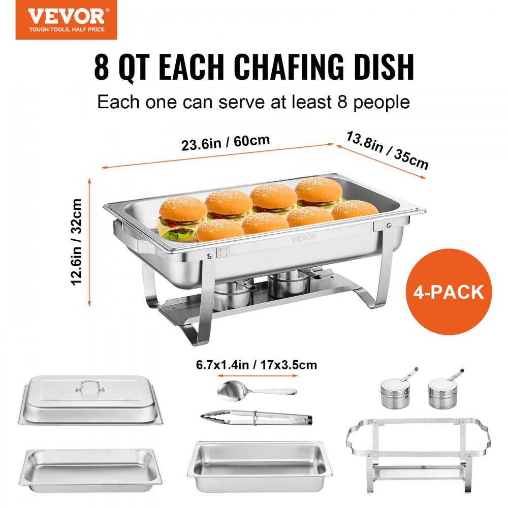 Vevor Chafing Dish Buffet Set 8 Qt 4-Pack Rectangular Stainless Steel ...