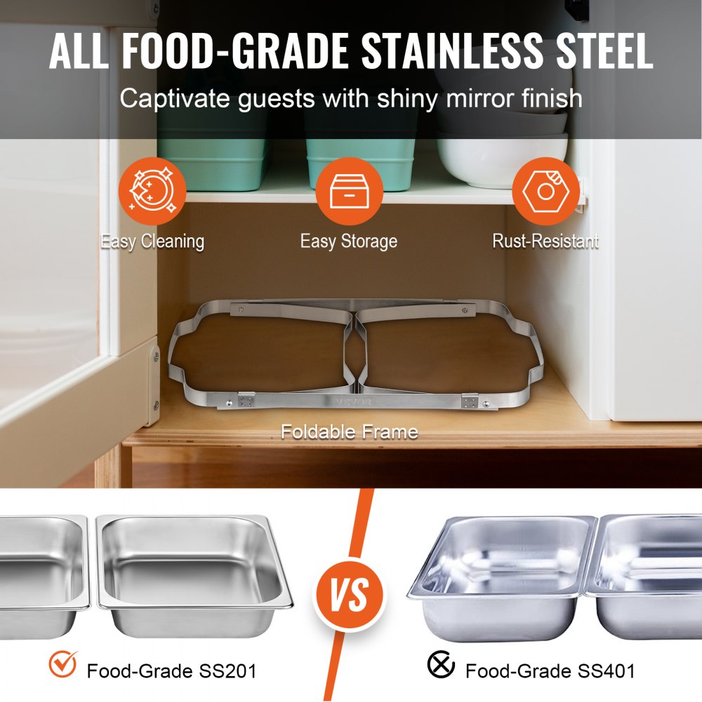 VEVOR Chafing Dish Buffet Set, 8 Qt 4 Pack, Stainless Chafer with 4 Full Size Pans, Rectangle Catering Warmer Server with Lid Water Pan Folding Stand Fuel Tray Holder Spoon Clip, at Least 8 People Eac