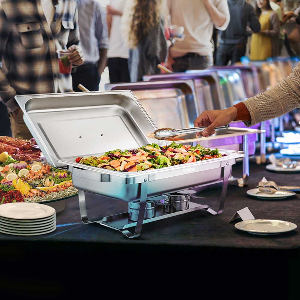 VEVOR Chafing Dish Buffet Set, 8 Qt 4 Pack, Stainless Chafer with 4 Full Size Pans, Rectangle Catering Warmer Server with Lid Water Pan Folding Stand Fuel Tray Holder Spoon Clip, at Least 8 People Eac
