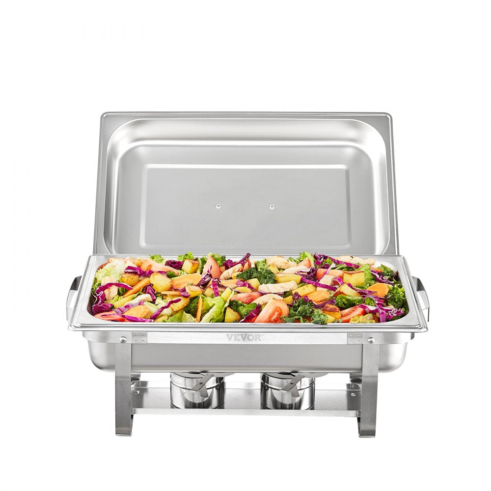 VEVOR Chafing Dish Buffet Set, 8 Qt 4 Pack, Stainless Chafer with 4 Full Size Pans, Rectangle Catering Warmer Server with Lid Water Pan Folding Stand Fuel Tray Holder Spoon Clip, at Least 8 People Eac