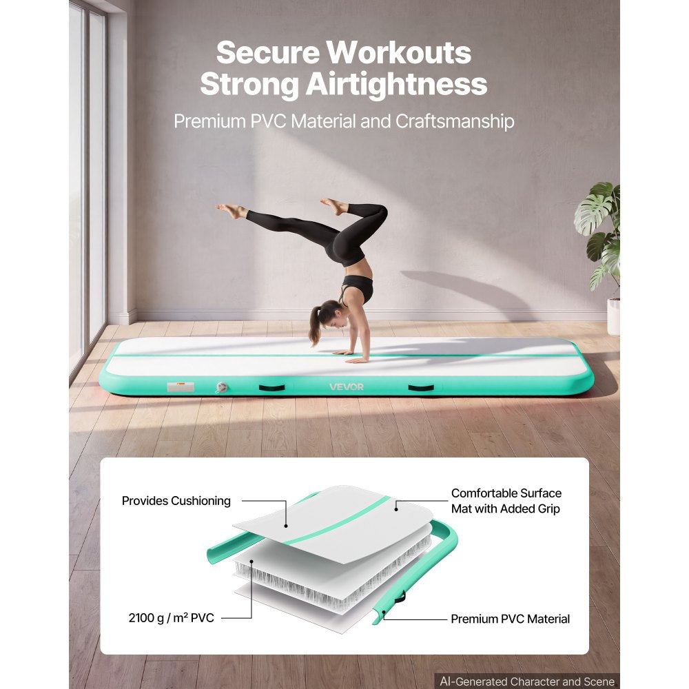 VEVOR Inflatable Gymnastics Air Mat 10 ft Training Mats w/ Electric Pump, 4 inches Thick Sturdy Tumble Track, Tumbling Mat for Home Use/Gym/Outdoor/Yoga/Cheerleading/Beach/Park/Water, Mint Green