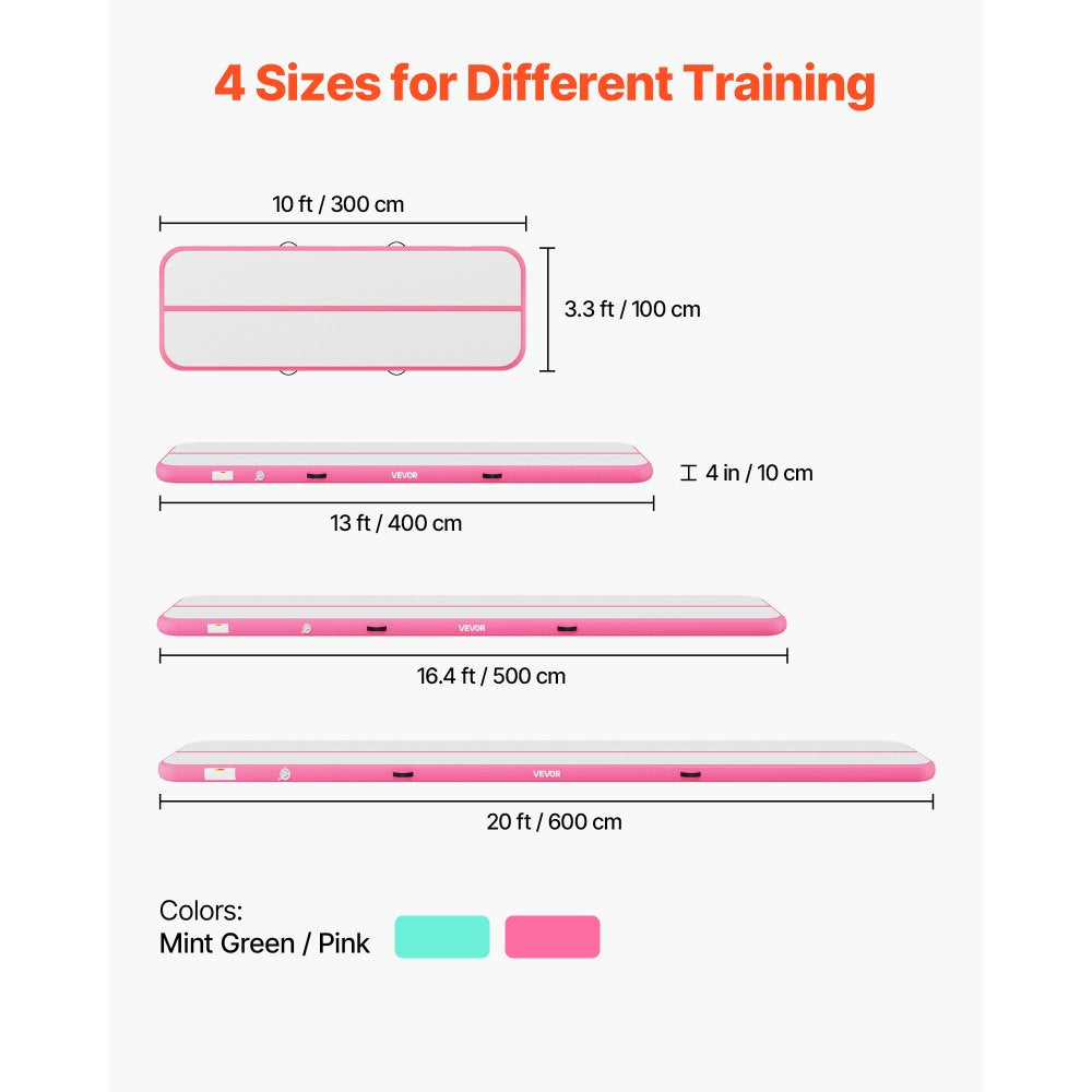 VEVOR Inflatable Gymnastics Air Mat 10 ft Training Mats w/ Electric Pump, 4 inches Thick Sturdy Tumble Track, Tumbling Mat for Home Use/Gym/Outdoor/Yoga/Cheerleading/Beach/Park/Water, Pink